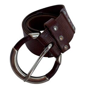 Vintage Y2K Italian Leather Belt L Brown Silver Tone Round Buckle Boho Statement